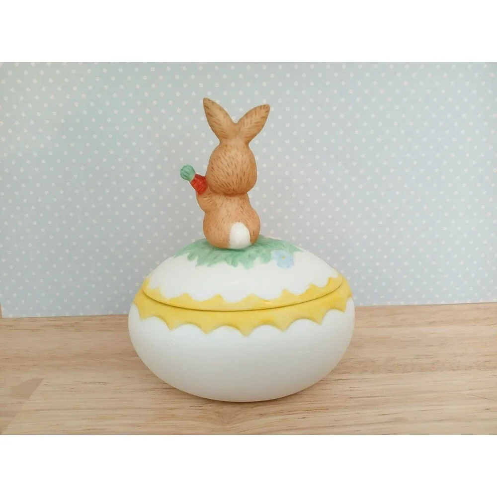 Lefton Vintage Ceramic Easter Bunny & Egg Trinket Jewelry Holder Dish